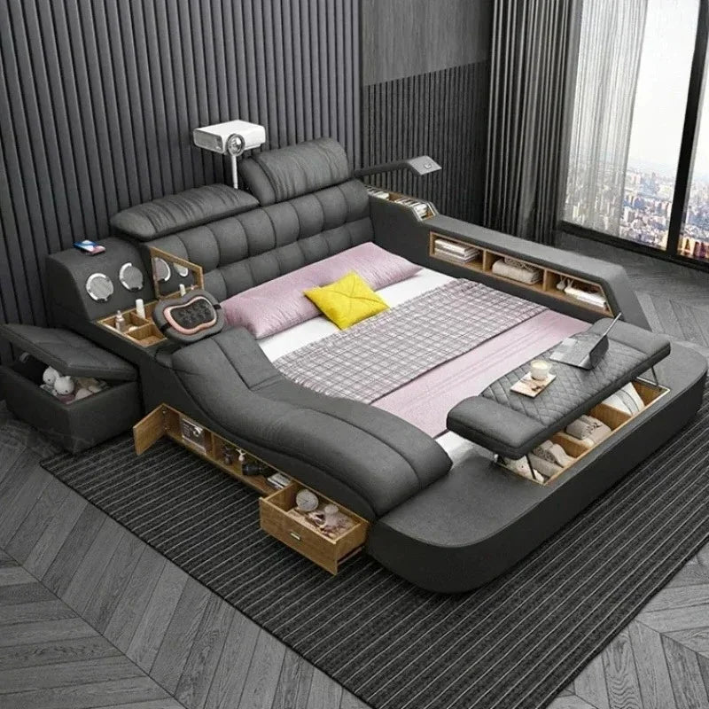 Nordic Smart Modulares Doppelbett Master Storage Luxus Designer Doppelbett Multifunktionale Leder Camas Ehe Möbel