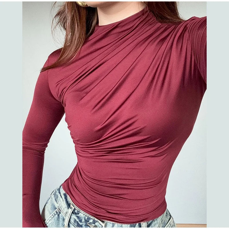 Turtleneck Women Tees Sexy Slim Long Sleeve Pleated All-match Basic Lady T-shirts Spring Autumn Fashion Chic Female Top 2025.