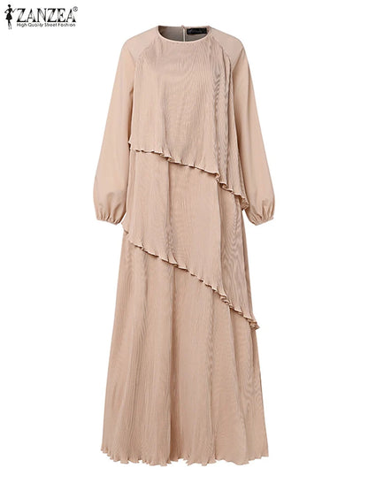 2025 ZANZEA Fashion Women Autumn Long Sleeve Maxi Sundress Muslim Abaya Dresses Duabi Robe Femme IsIamic Clothing Hijab Vestidos.