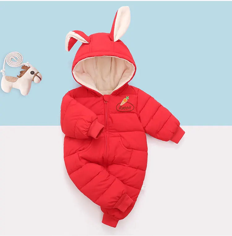 Winter Neue Baby Strampler Jungen Mädchen Patchwork Dicke Plus Samt Overalls Winddicht Mit Kapuze Overalls Schneeanzug Ein Stück Body