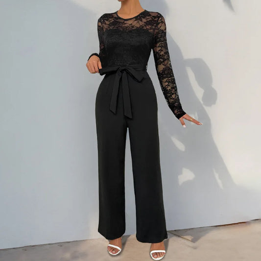 Woman Black Lace Sleeve Jumpsuit Round Neck Belted Waist Ideal for Evening Parties and Cocktail Events.