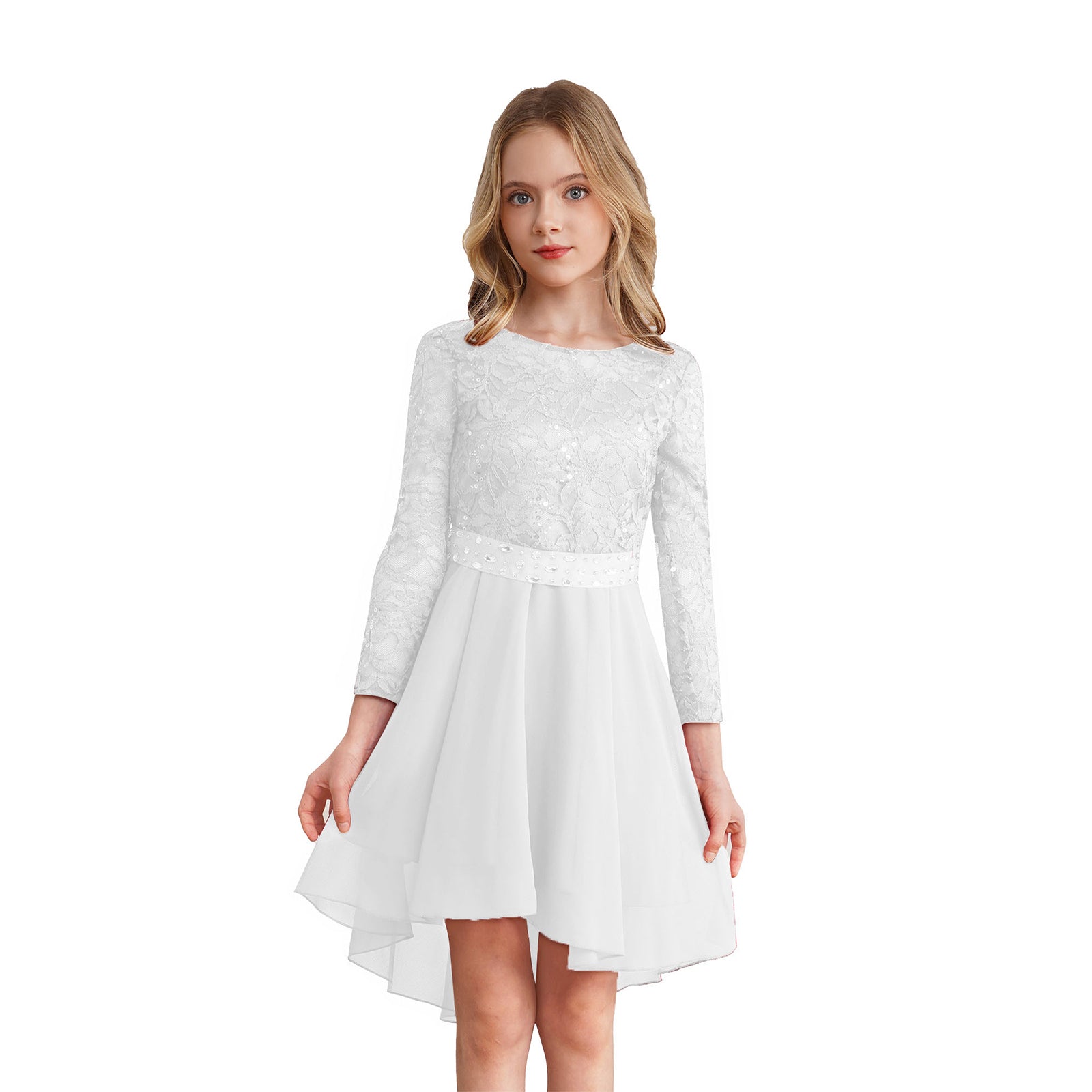 Elegantes Spitzen-Partykleid für Kinder, Mädchen, Chiffon, Spleißen, langärmelig, Kleid mit hohem und niedrigem Saum und Strass-Schärpe für Hochzeit, Geburtstag.