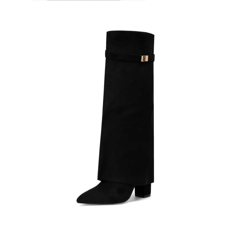 2025 Autumn And Winter Women's Pointed Toe Crude Heel Knee High Boots Female Metal Decor Pants Boots High Quality Woman Shoes.