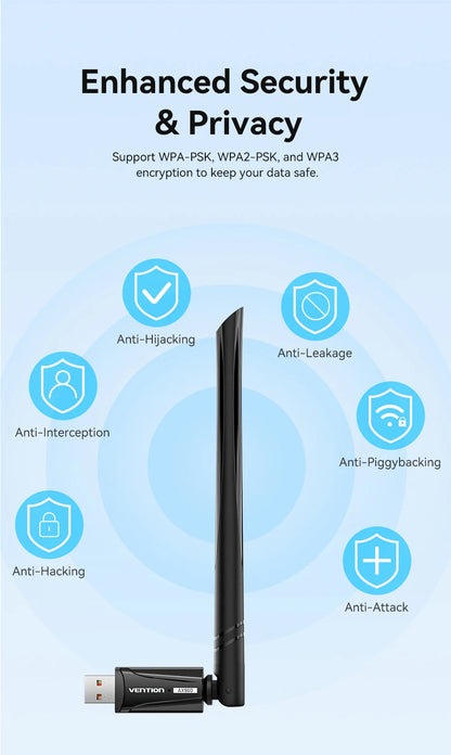 Vention New USB WiFi 6 Adapter 5G/2.4G 600Mbps Wireless WiFi Receiver Antenna Network Card Dongle LAN for Laptop PC Win 10/11.