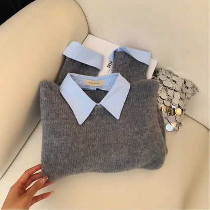 Gefälschte Zwei Shirts Kragen Pullover frauen Herbst Outfit Neue Lazy Linterior Kontrast Farbe Grau Stricken Pullover Top Mit Flip kragen.