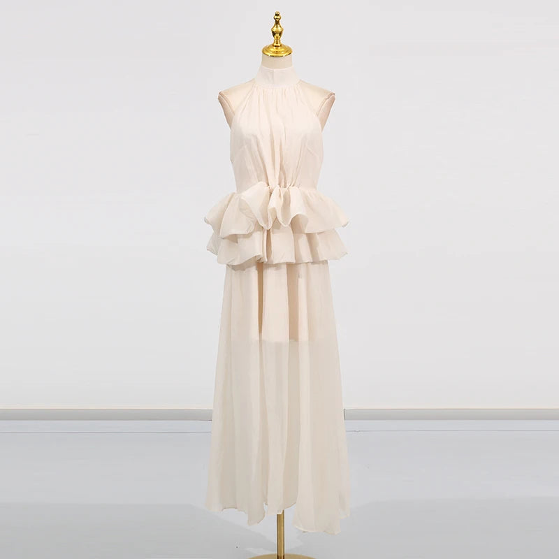 VGH Solide Abend Gespleißt Rüschen Maxi Kleider für Frauen High Neck Ärmellose Tunika Temperament Zeremonie Kleid Weibliche Kleidung