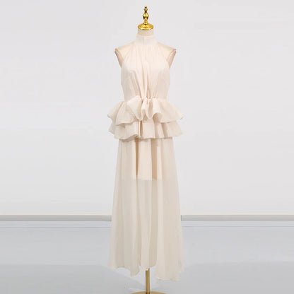 VGH Solide Abend Gespleißt Rüschen Maxi Kleider für Frauen High Neck Ärmellose Tunika Temperament Zeremonie Kleid Weibliche Kleidung