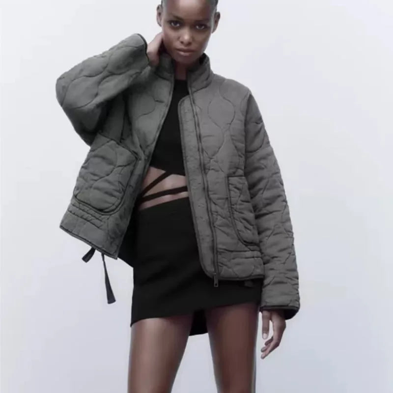 ZW Women's Cotton Jacket  2025 New Arrival Vintage Lenzing Rayon High Collar Large Pocket Decorative Quilted Coat for Women.