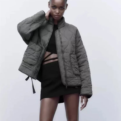 ZW Women's Cotton Jacket  2025 New Arrival Vintage Lenzing Rayon High Collar Large Pocket Decorative Quilted Coat for Women.