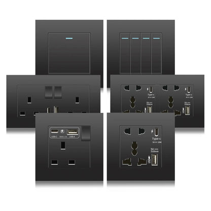 Schwarze UK 13A Wandsteckdose mit USB Typ C 18W Schnelllade-Steckdose, Wandsteckdose mit USB-Ladegerät, Schalter mit Steckdose.