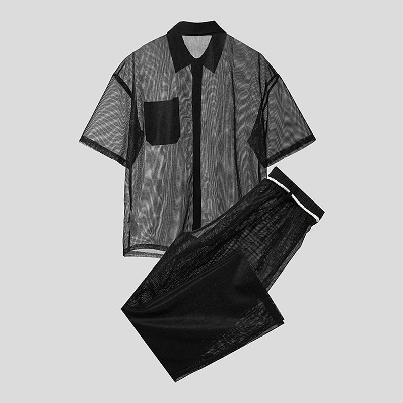 INCERUN Men Sets Mesh Patchwork See Through Sexy Short Sleeve Shirts & Pants Two Pieces Sets Streetwear 2025 Men's Casual Suits