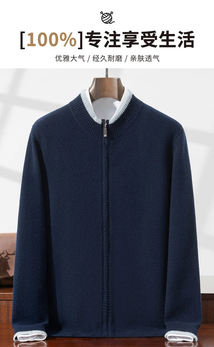 100% Wool Cardigan for Men, Half Turtleneck, Zipper, Color Block, Thickened Sweater, Business Casual Outerwear, Knitted Jacket.