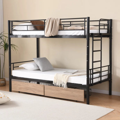 Etagenbett aus Metall, 90 x 200 cm, Etagenbett mit ausklappbarem Bett, erweiterbar auf zwei Einzelbetten oder Erwachsenenbetten, Schwarz