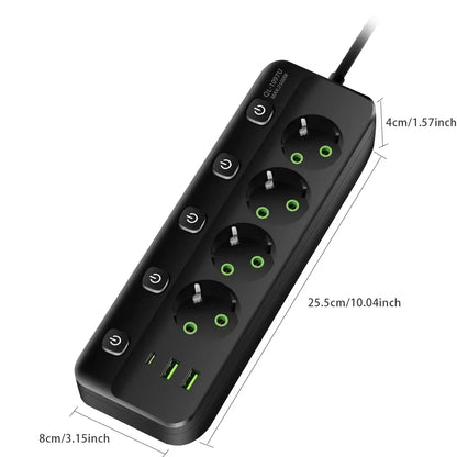 EU-Stecker-Steckdosenleiste, 2/3/4/5 Positionen, unabhängige Steuersteckdose mit 2 USB-Anschlüssen, 1 Typ-C-Anschlüsse, 2 m Verlängerungskabel, Steckdosen.
