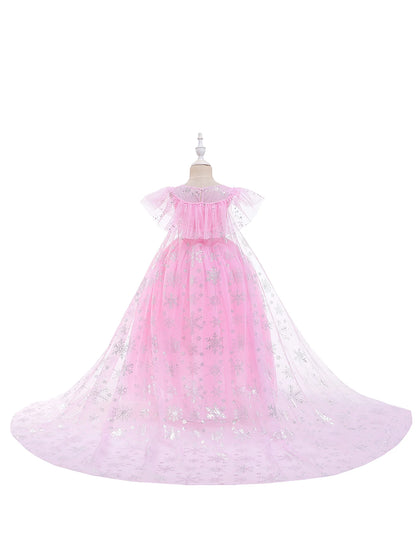 Mädchen rosa Pailletten Mesh Prinzessin Kleid, Mesh kurze Ärmel, mit Umhang, geeignet für Party, Tanz, Performance, Karnevals kleid.
