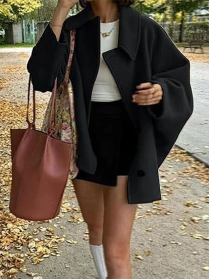 ZBZA Damen Schräge Knopf Lose Fledermausärmel Jacke Mantel Revers Langarm Doppeltasche Warm Solide Farbe Vintage Oberbekleidung Herbst Winter Neue Weibliche Chic Mantel.