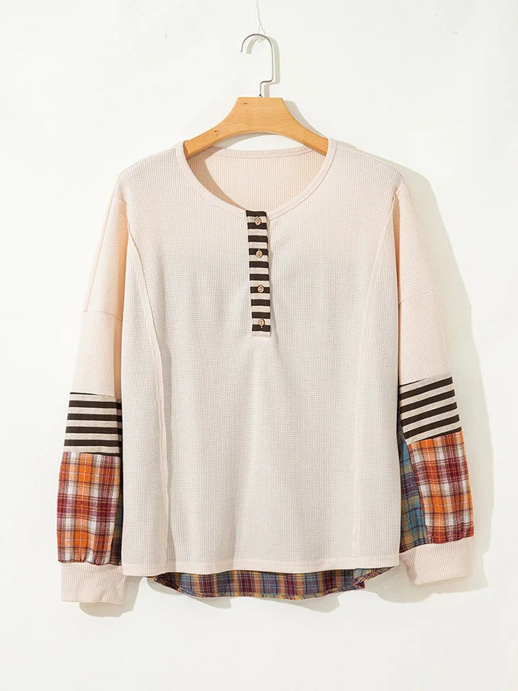 GIBSIE Plus Größe Taste Vorne Oansatz Plaid Sweatshirt Frauen Herbst 2025, Neue Tropfen Lange Hülse Lose Beiläufige Pullover Tops.