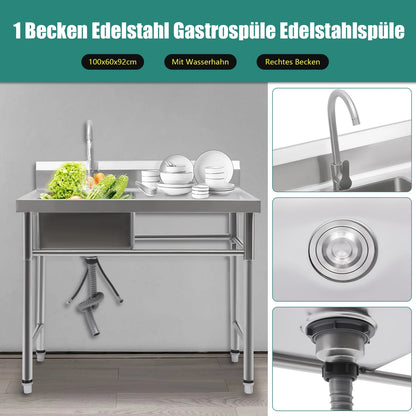Küchenspüle mit 201 Stauraum, Edelstahlspüle mit Waschbecken, 100 x 60 x 93 cm, freistehendes kommerzielles Küchenspüle aus Edelstahl