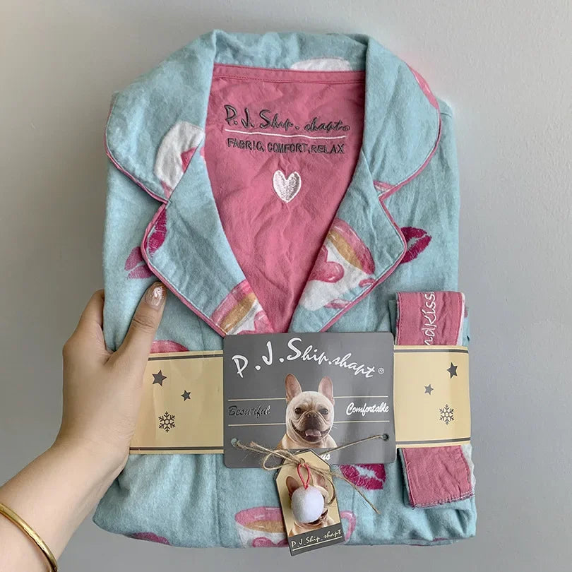 2025 New Pajamas Suit Cotton 2 Piece Set Women Print Cartoon Nightwear Long Sleeve Trousers Set Autumn Loungewear Home Clothes