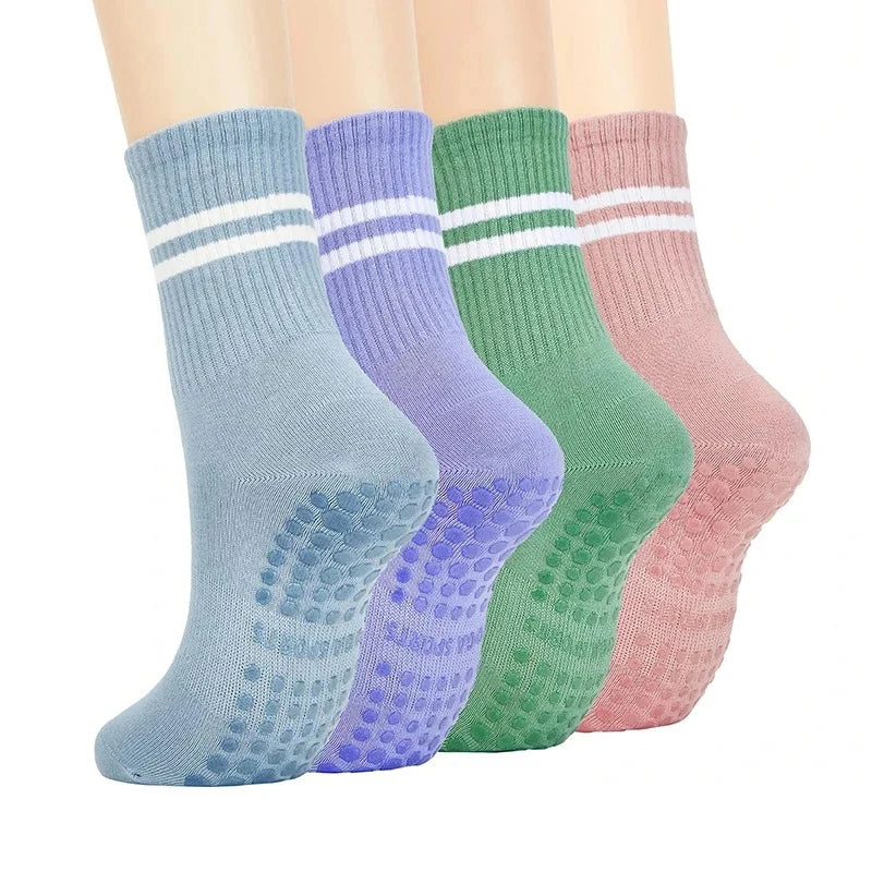4 Pairs Yoga Socks for Women Professional Non-slip Silicone Mid-tube Pilates Socks Indoor Fitness Gym Dance Sports Floor Socks.