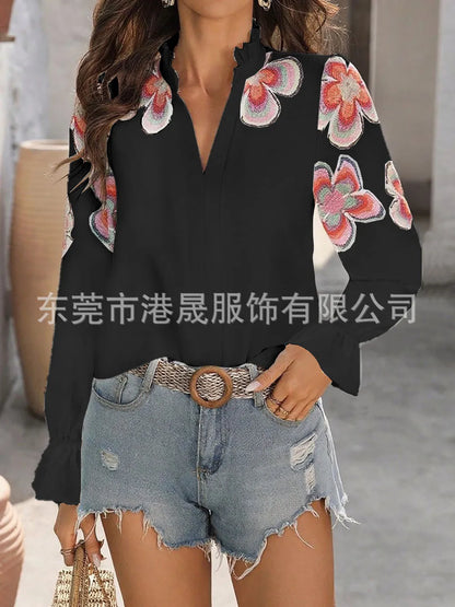 New Fashion American European Women's Printed Casual Trendy Loose V-neck Long Puff Sleeve Simple Basic Shirts Female Clothes.