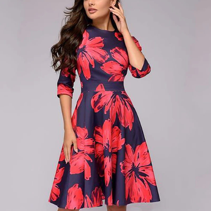 2023 frühling AutumnOffice Dame Knie Länge Elegante Vintage Langarm Party Kleider Frauen Floral Bedruckte Kleid Neue.