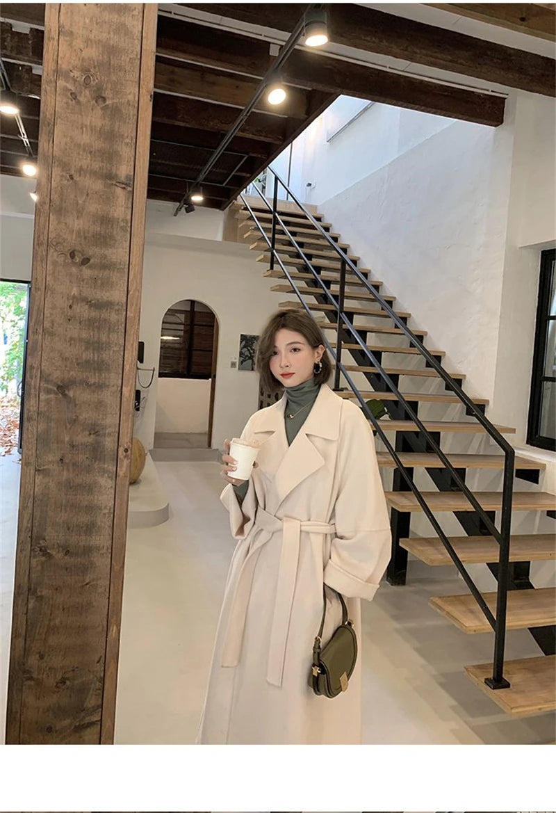 Mode Schwarz Lange Woolen Mantel Mit Gürtel Frauen Lose Revers Mantel Herbst Winter Warme Dame Oberbekleidung High Street