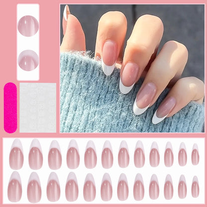 24pcs(+Tools) Pearl Bow Nude Pink Press On Nails White French Fingertips Almond Full Cover Fasle Nails New Year Nail Accessories