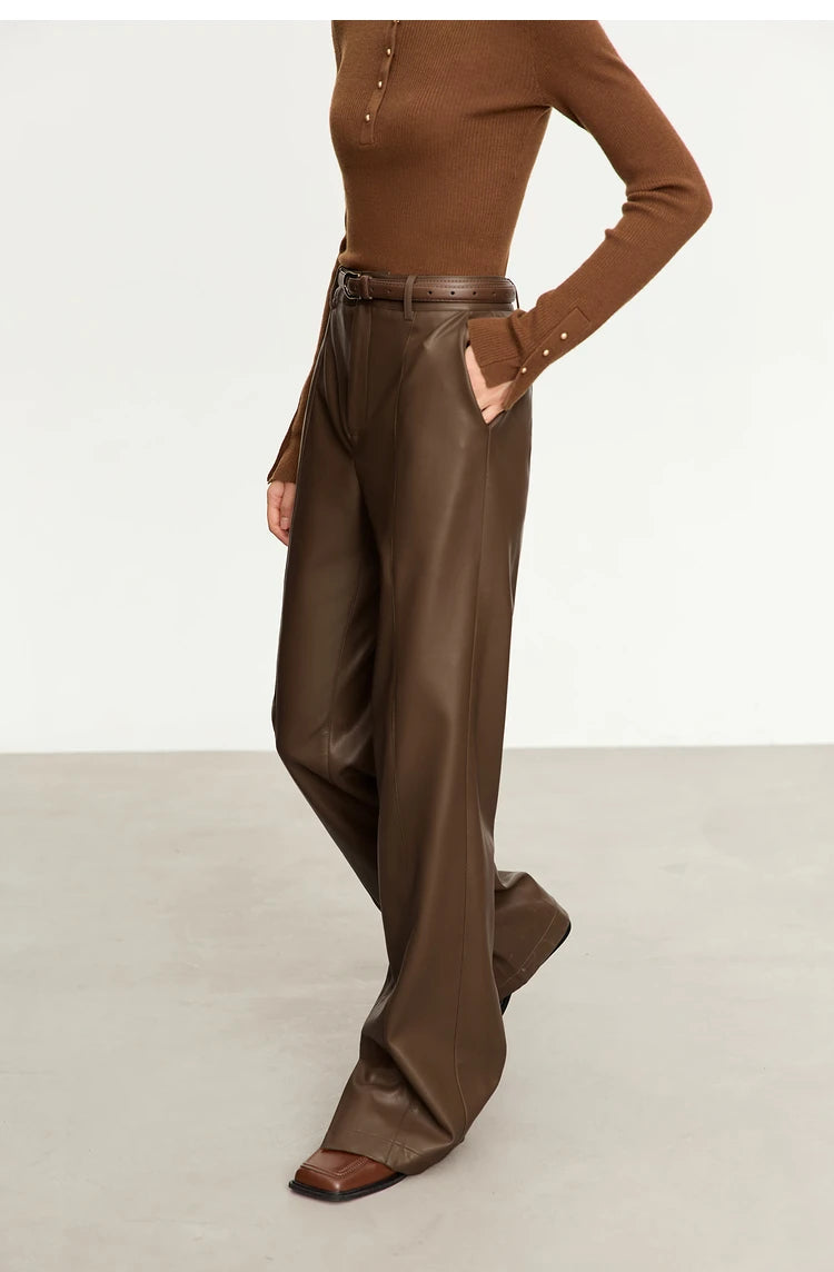 AMII Minimalist Casual Pants for Women 2025 Autumn Clothing PU Leather Loose Straight Pants Slit Office Lady Trousers 12343250.