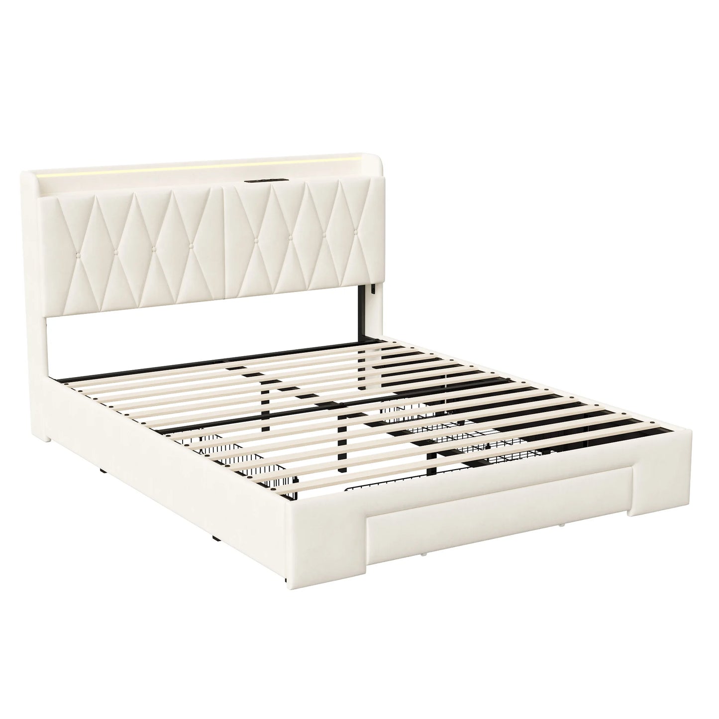 Lazyspace 140 x 200 cm großes Doppelbett mit Kopfteil, gepolstertes Bett mit 3 Schubladen, LED-Beleuchtung, USB Typ C, Samt, Beige, keine Matratze