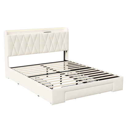 Lazyspace 140 x 200 cm großes Doppelbett mit Kopfteil, gepolstertes Bett mit 3 Schubladen, LED-Beleuchtung, USB Typ C, Samt, Beige, keine Matratze