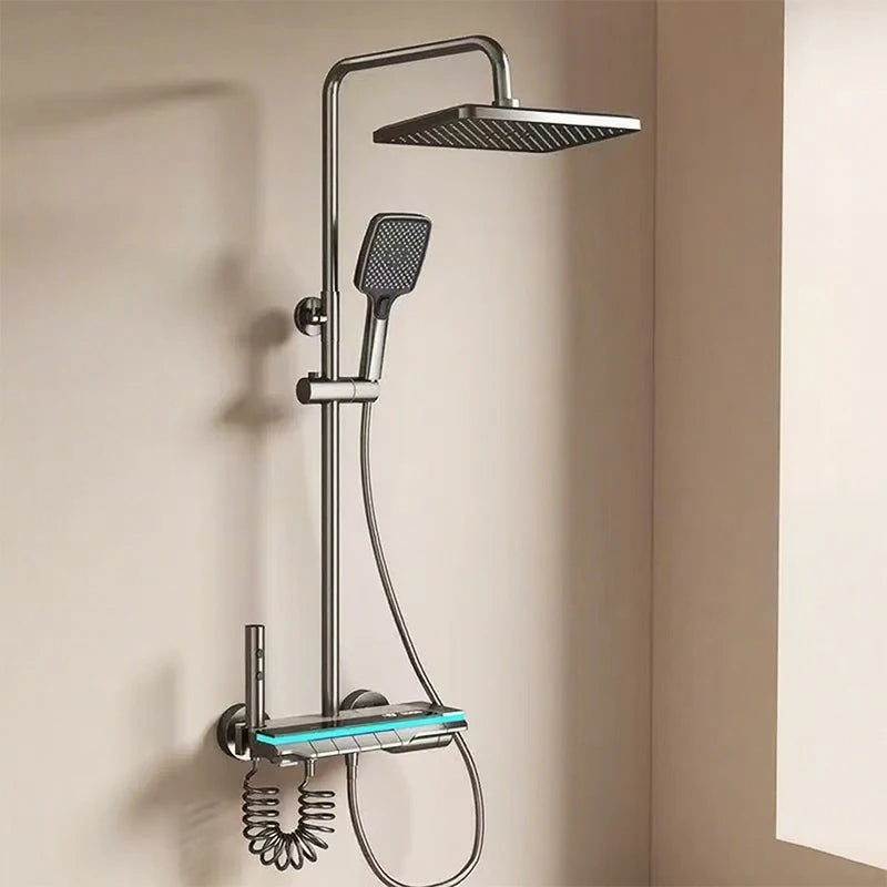 Bathroom Shower System Brass Mirror Surface Temperature-Controlled for Bathtub Faucet with Digital Display, LED Strip