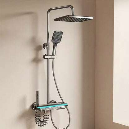 Bathroom Shower System Brass Mirror Surface Temperature-Controlled for Bathtub Faucet with Digital Display, LED Strip