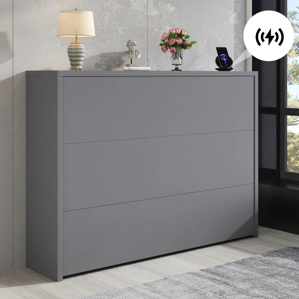 Klappbarer Schreibtisch mit Rollen und kabellosem Ladegerät – 2-in-1-Sideboard und Arbeitsplatz, mit Regal und Kippschutz, Rollen mit Bremstisch