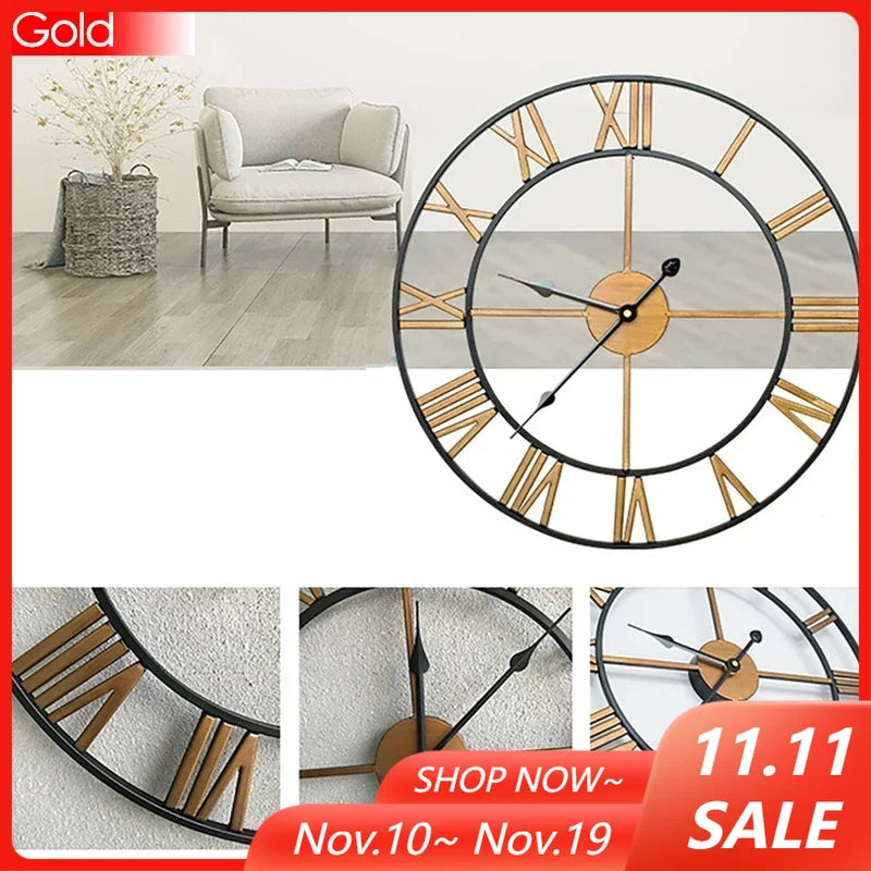 40/47/60/80 cm große 3D-Wanduhr mit römischen Ziffern, Kunst, hohle runde Wandbehang, Vintage-Metalluhr für Wohnzimmer und Zuhause