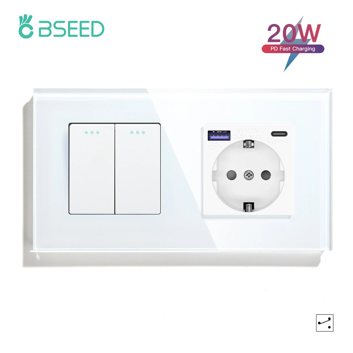 BSEED 1/2/3 Gang Wandschalter 2-Wege-Treppenlichtschalter Plus Typ-C USB-Buchse EU-Standard-Glasscheibe