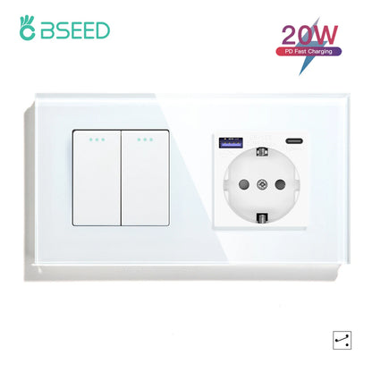BSEED 1/2/3 Gang Wandschalter 2-Wege-Treppenlichtschalter Plus Typ-C USB-Buchse EU-Standard-Glasscheibe