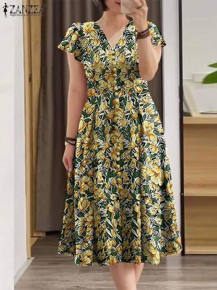 ZANZEA Elegante Frauen Floral Print Midi Kleid Sommer 2025, Casual Rüschen Kurzarm V-ausschnitt Vestidos Mode Cinched Taille Roben.