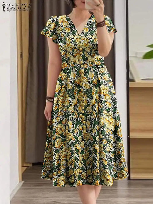 ZANZEA Elegante Frauen Floral Print Midi Kleid Sommer 2025, Casual Rüschen Kurzarm V-ausschnitt Vestidos Mode Cinched Taille Roben.