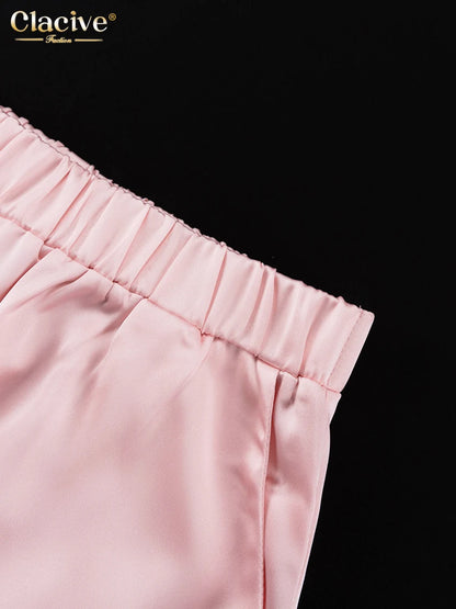 Clacive Fashion Loose Pink Satin Pants Sets For Women 2 Pieces Elegant Long Sleeve Shirt With High Waist Wide Trousers Suits.