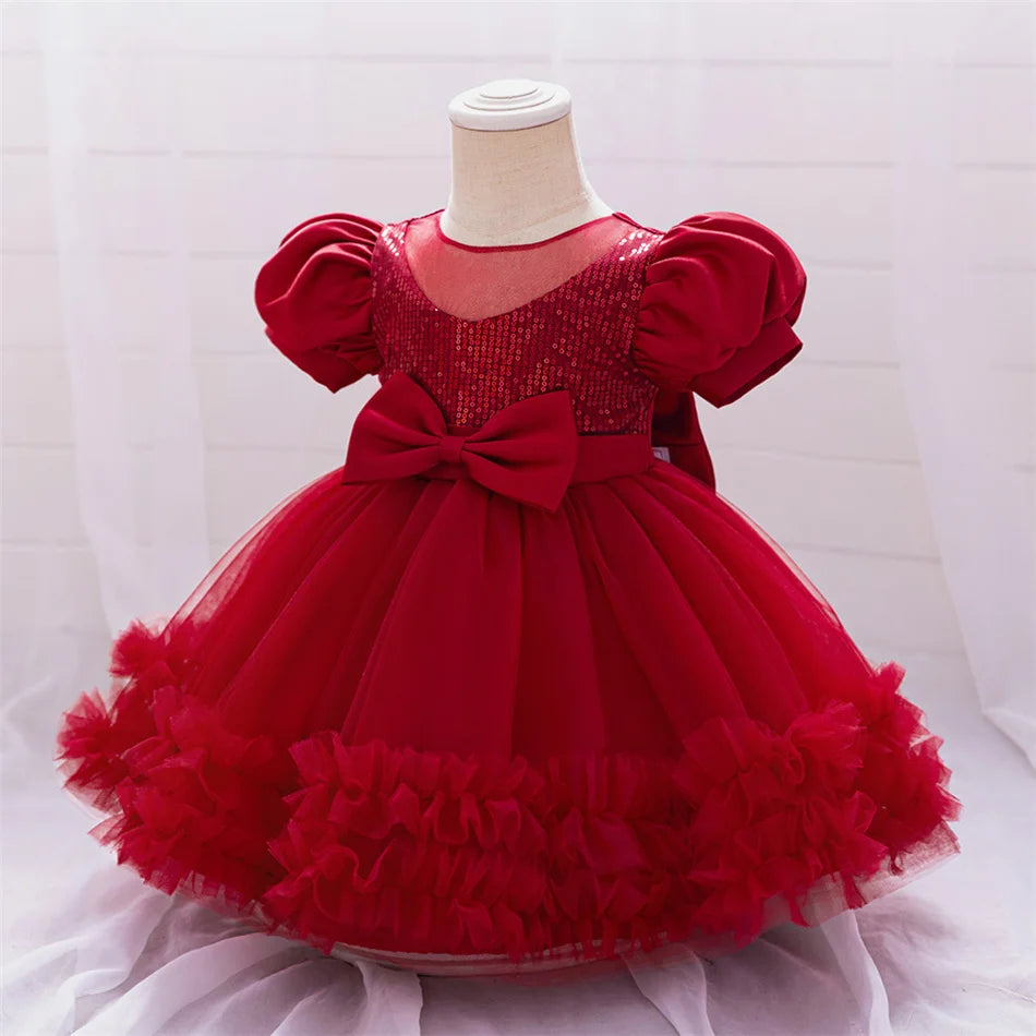 Kleinkind Rot Pailletten Mesh Kleid Mädchen Baby Einfarbig Neue Jahr Party Formale Kostüm Leistung Prinzessin Kleid Geburtstag Kleidung