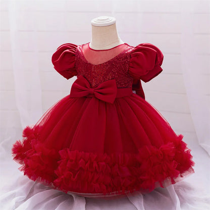 Kleinkind Rot Pailletten Mesh Kleid Mädchen Baby Einfarbig Neue Jahr Party Formale Kostüm Leistung Prinzessin Kleid Geburtstag Kleidung