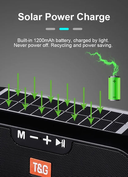 T&G TG182 Solar Charging Portable Stereo speakers Wireless Bluetooth With Mic Outdoor Loudspeaker Waterproof FM Radio Soundbar.