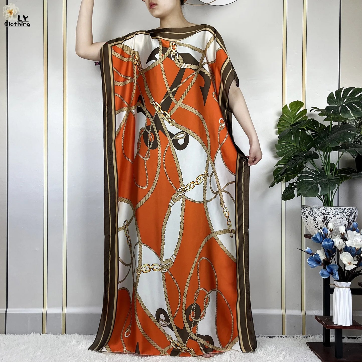 2024 New Dubai Summer Fashion For Women Printed Silk Soft Loose Femme Robe African Islam Maxi Woman Casual Dresses With Turban.