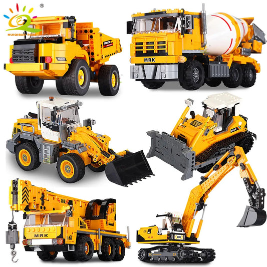HUIQIBAO Engineering Truck Building Blocks Vehicle Excavator Bulldozer Crane Car Bricks City Construction Toys For Children Boys.