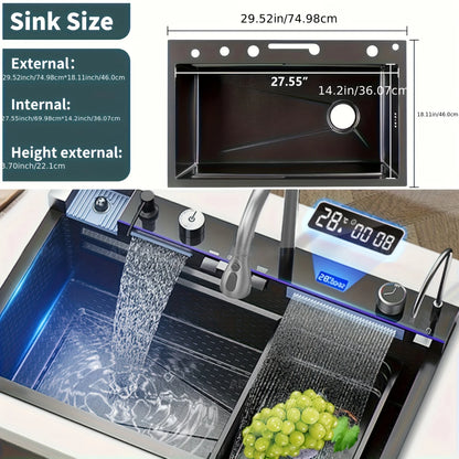 Modern Luxury Smart Kitchen Sink – Pull-Out Faucet with 3 Spray Modes, Cup Washer, Soap Dispenser & LED Mood Lights