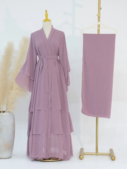 Eid Muslim Abaya for Women Chiffon 3 Layers Cake Party Cardigan Robe Jalabiya Dresses Ramadan Morocco Abayas Kaftan Vestidos