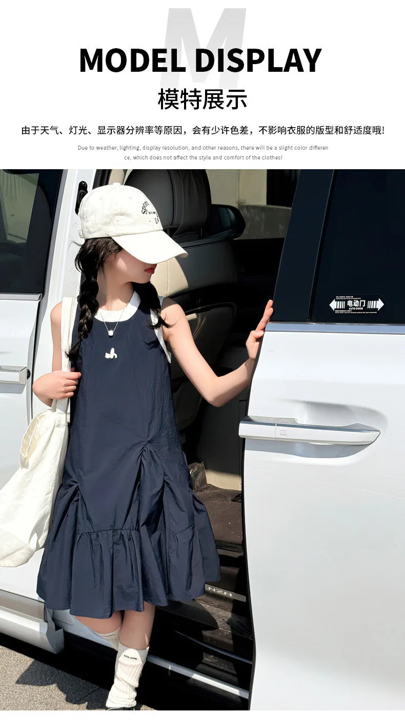 Neues Sommer-Mädchen-Prinzessinnenkleid für Kinder, ärmelloses Kleid mit Rüschen, Design-Kleider für Teenager, Kinder, lässiges Urlaubs-Strandkleid.