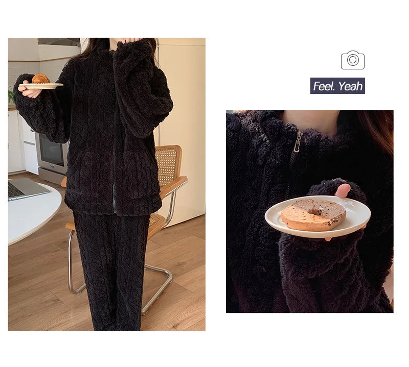 Große Größe Flanell Pyjama Set Herbst Winter Weibliche Nachtwäsche Hosen Anzug Verdicken Korallen Fleece Hohe Kragen Lounge Tragen Homewear.