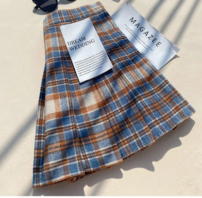 Plaid Woolen Blends Pleated Skirt For Women Fall Winter High Waist A-line Skirt Ladies Fashion Khaki Mini Skirts Vintage Female.